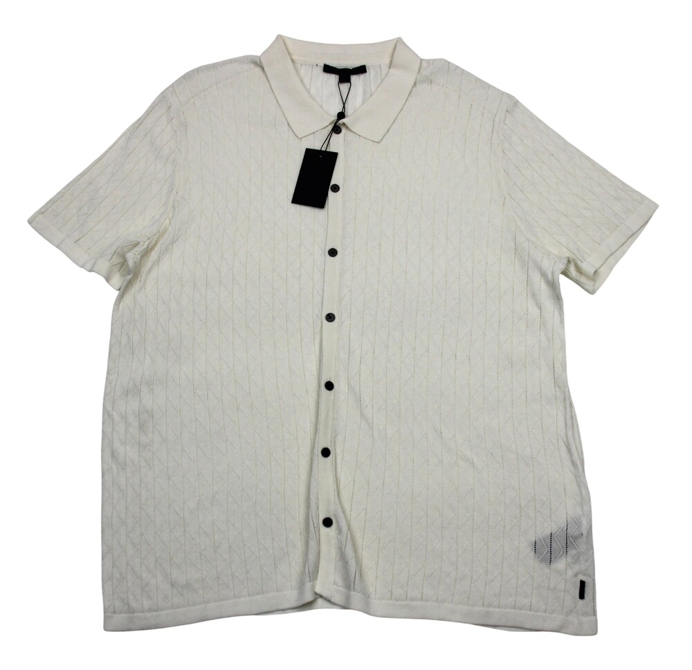 John Varvatos Shirt Mens XL White Knit Geometric Cotton Short Sleeve Button Up